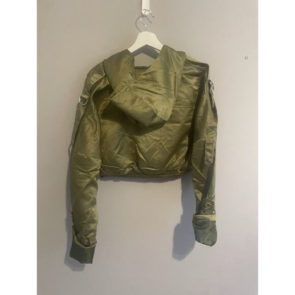 NWT Army Green Cropped Satin Oversized Bomber‎ Jacket US Size 4 - Picture 7 of 8